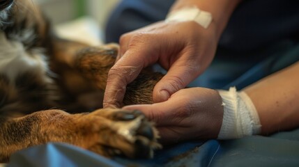 A peaceful image of a vets gentle hands delicately bandaging a ed paw on a patient symbolizing the kindness and healing power of their touch. . - obrazy, fototapety, plakaty