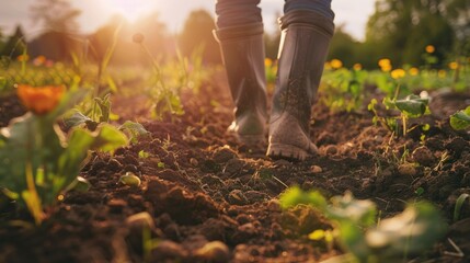 A man in wellington boots is diligently working the sun kissed soil with his cultivator on this beautiful day Engaged in the essential springtime tasks of land cultivation and soil tillage h