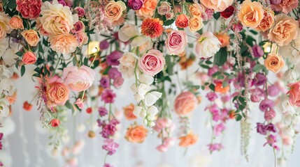 Original wedding floral decoration of rose flowers hanging from the ceiling. Spring wedding centerpieces. DIY floral arrangements for summer. 