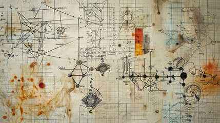 Graph paper with complex equations, schematic drawings, hand-drawn image