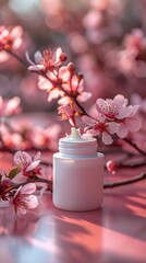 Obraz na płótnie Canvas Generative AI : a small can of white moisturizer on a pink background. A minimalist background, a few cherry blossoms