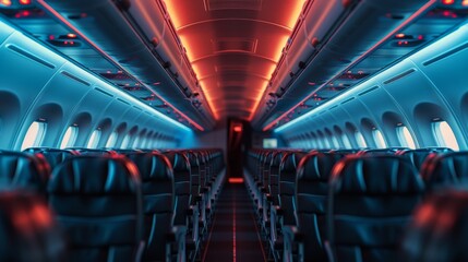 Futuristic Airplane Cabin Interior with Neon Lights and Comfortable Seating