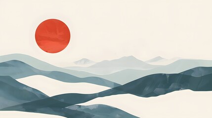 Sun above the mountain with Japanese style. 