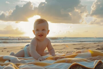 Fototapeta na wymiar Generative AI : A cute baby is happy on a bright and early morning day on the beach while enjoying the concept picnic 