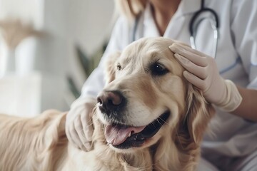Generative AI : Young Veterinary Clinic Specialist Petting an Obedient Golden Retriever Dog. 
