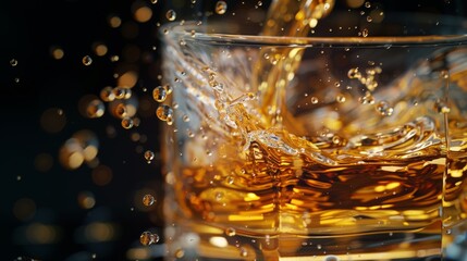 Golden Whiskey Pour: A Sparkling Cascade into a Glass Against a Bokeh Light Backdrop
