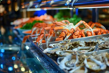 Generative AI : Seafood buffet line, Alaska King Crab) in hotel restaurant