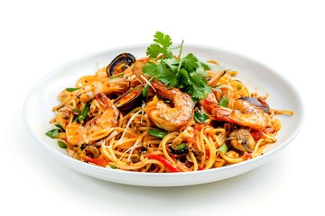 Generative AI : Stir-fried Spicy Spaghetti Seafood Thai Style on White Background with Shadow