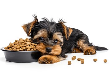 Generative AI : Yorkshire Terrier puppy lies with bowl of dry dog food. isolated on white background