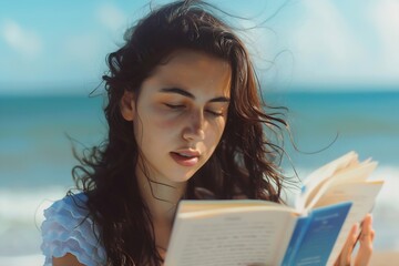 Generative AI : Portrait of a young brunette relaxing on the beach, reading a book