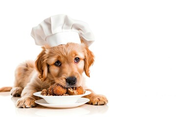 Generative AI : Funny golden retriever puppy in chef's hat with food for pets. isolated on white background.