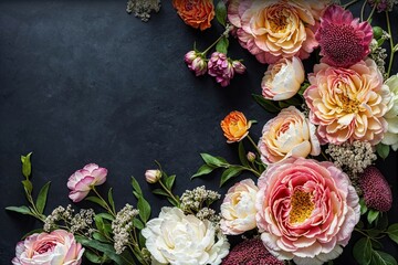 Flowers composition with roses, peonies and decorative flowers on dark background. Top view. Flat lay. Floral border and frame for greeting card design. - 788851643