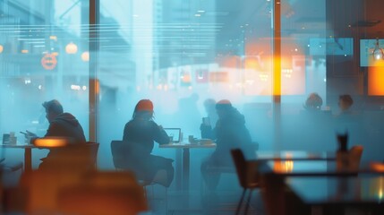 People seen through a foggy window in a smart city cafe with screens displaying realtime data and smart devices on every table representing the modern and interconnected lifestyle . - obrazy, fototapety, plakaty