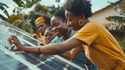 A diverse group of individuals of different ages and backgrounds working together to install solar panels on the roofs of houses in their neighborhood showcasing the inclusive and .