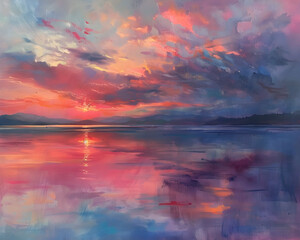 Pastel Art on canvas of the waters of Puget Sound reflecting soft red light from distant storm clouds in the East illuminated by the setting sun in the West Ai generative 