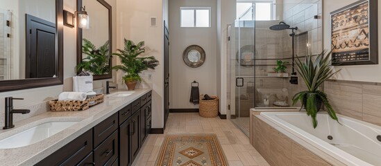 Contemporary bathroom featuring both a shower space and bathtub, accompanied by a decorative plant near a sink and faucet on a wooden countertop, with a wall mirror and dark cabinet. - obrazy, fototapety, plakaty