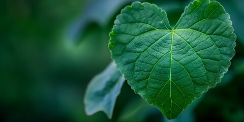 One large heart shaped green leaf on blurred natural green background with copy space, concept of environment protection, love, romance. - Powered by Adobe