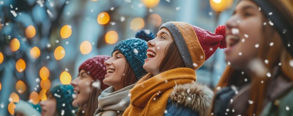 Group of joyful teenagers Carolers singing traditional songs in city street on Christmas eve, Christmas traditional banner backgrounds.