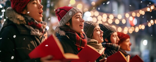 Group of multiracial teenagers Carolers singing traditional songs in city street on Christmas eve,...