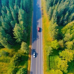 From above, a drone captures a car and a hydrogen-powered truck cruising along a forest highway, showcasing eco-friendly transportation choices.






