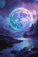 A large blue moon is in the sky above a rocky landscape with a body of water