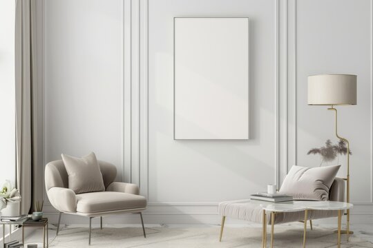 Scandinavian style living room with poster mockup created with generative ai