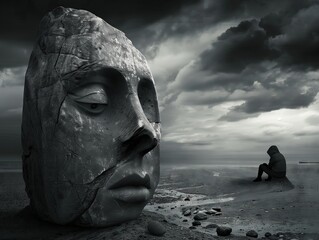 Abstract picture where a man sits alone in thought in front of a large statue In the form of a face, Symbolizes the inability to make a decision and hopelessness - obrazy, fototapety, plakaty