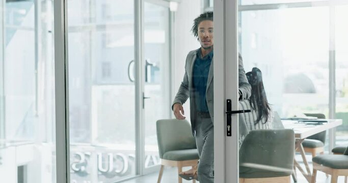 Glass, door and business man is walking in office with accident, clumsy mistake and fail in meeting. Corporate, workplace and person bump into wall for oops, fail and funny joke after job interview