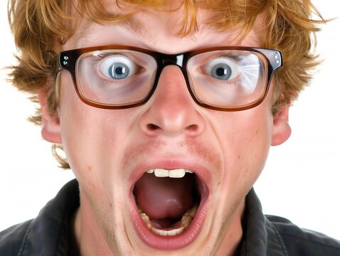  young man with red hair and glasses is making a surprised face with his mouth wide open and eyes bulging.