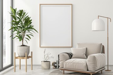 Scandinavian style living room with poster mockup created with generative ai
