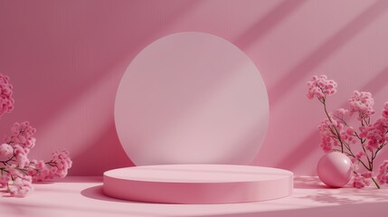 Pink minimalist podium with circular shapes, modern product display. Studio lights