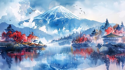 Traditional Japanese style watercolor of mount fuji is suitable  - obrazy, fototapety, plakaty