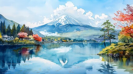 Traditional Japanese style watercolor of mount fuji is suitable 