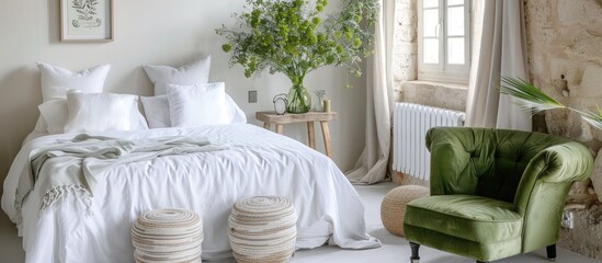 Bedroom with a white decor featuring a kale green armchair, pouf, and double bed.