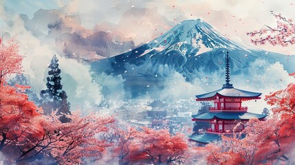 Watercolor traditional Japanese art with mountain Fuji, sakura trees and temples. 