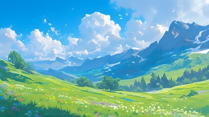 Fototapeta premium Epic view of a mountain illustration. Vibrant blue sky against its surroundings, creating a visually striking contrast of depth of field.