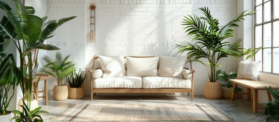 Real photo of a wooden sofa with armchair placed on a rug beside a bench, surrounded by plants in a white loft interior. - Powered by Adobe