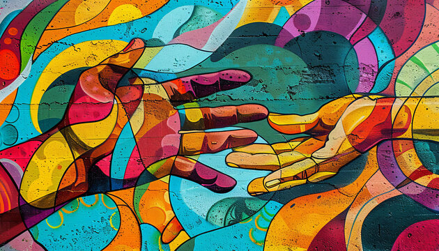 A colorful painting of two hands reaching out to each other