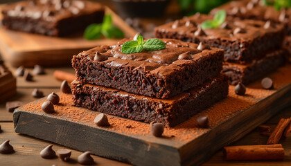 Close-up of brownie dessert on plate. - obrazy, fototapety, plakaty