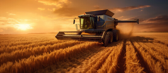 Combine harvester harvests ripe wheat. Ripe ears of gold field on the sunset