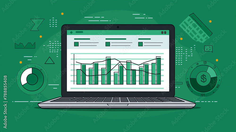 Poster upward stock chart trend in a cartoon style with green color theme.