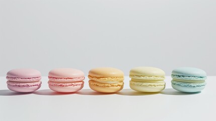 Obraz premium Close up of pastel colored macarons lined up on white background. Minimal pastry food concept. 