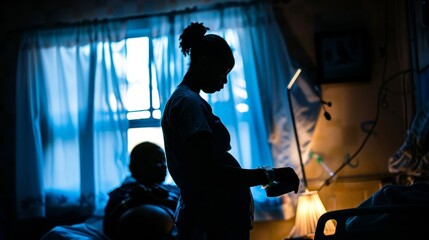 A silhouette image of a midwife supporting a laboring mother in a dimly lit birthing room. The midwifes steady presence and comforting words provide a sense of calm and reassurance .