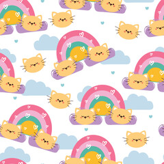 seamless pattern cartoon cat with rainbow and sky element. cute animal wallpaper illustration for gift wrap paper