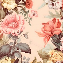 アンティーク風の花々が咲く繊細で華やかな植物イラスト