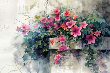 A painting of a flower arrangement with pink flowers