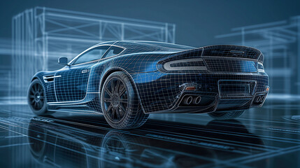 Blue Sport Car look from behind. wire mesh style