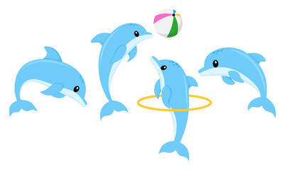 Blue dolphin jumping performing tricks various poses animal cartoon illustration vector