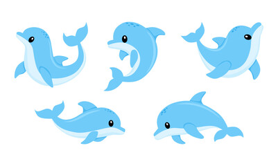 Cute dolphin jumping and swimming various poses cartoon illustration vector