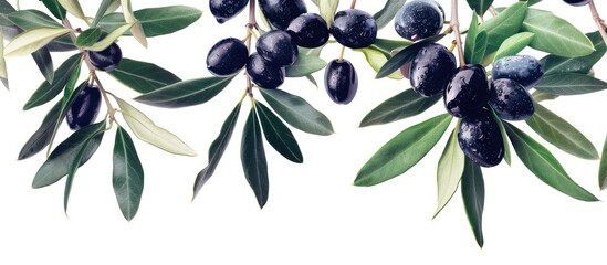 Olives. Black Mature Olive growing on a tree. Food Border Pattern. Against White Background. - Powered by Adobe